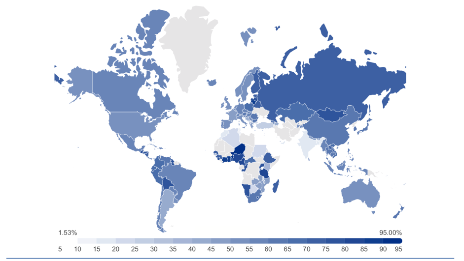 Percentage of people employed in tourism who are women, 2018 (Source: UNWTO)